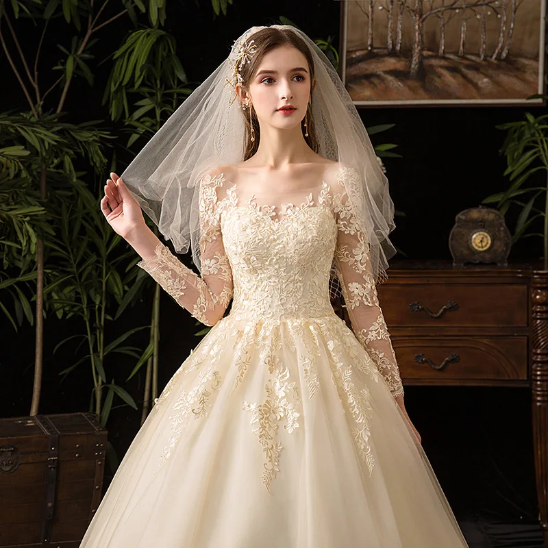New Spring White Ivory Champagne Wedding Dresses With Sleeve Illusion Long Appliques Lace Embroidery Ball Gowns vestido De Noiva 5