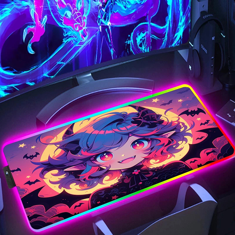 

RGB Anime Halloween Pranks Girl Dark Mouse Pad Laptop HD Print Computer Backlight Mousepad LED Game Rubber Cool Carpet 900x400