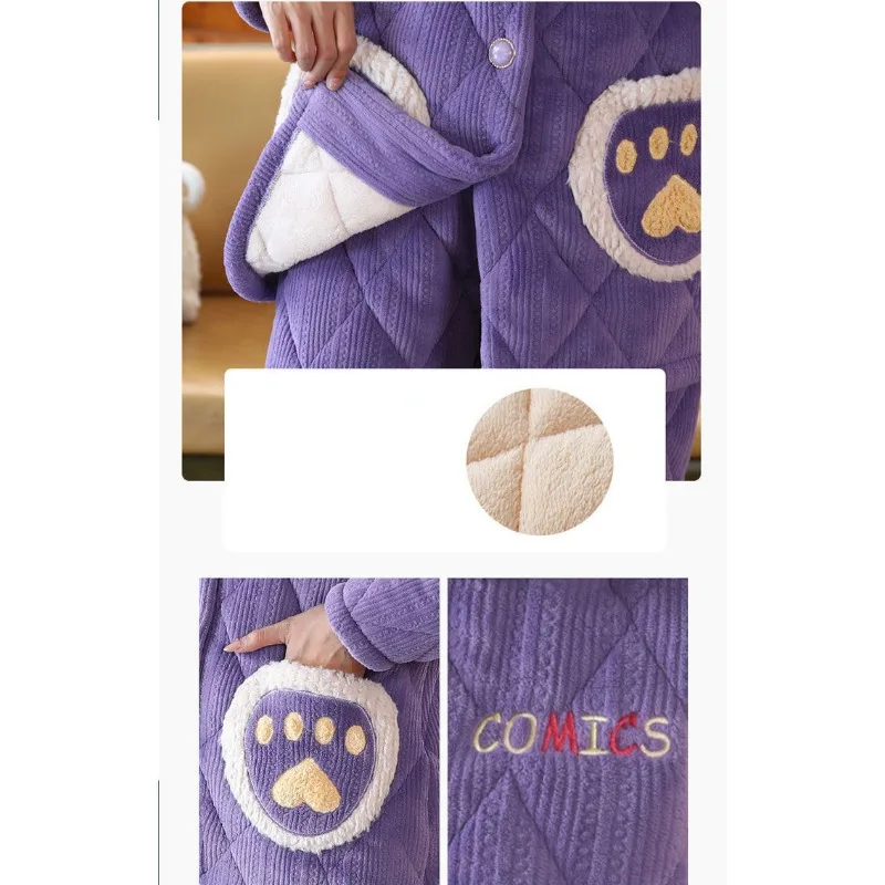2023 New Pajamas Women Winter Three Layers Thickened Cotton Loungewear Coral Velvet Flannel Warmth Autumn Suitable Homewear
