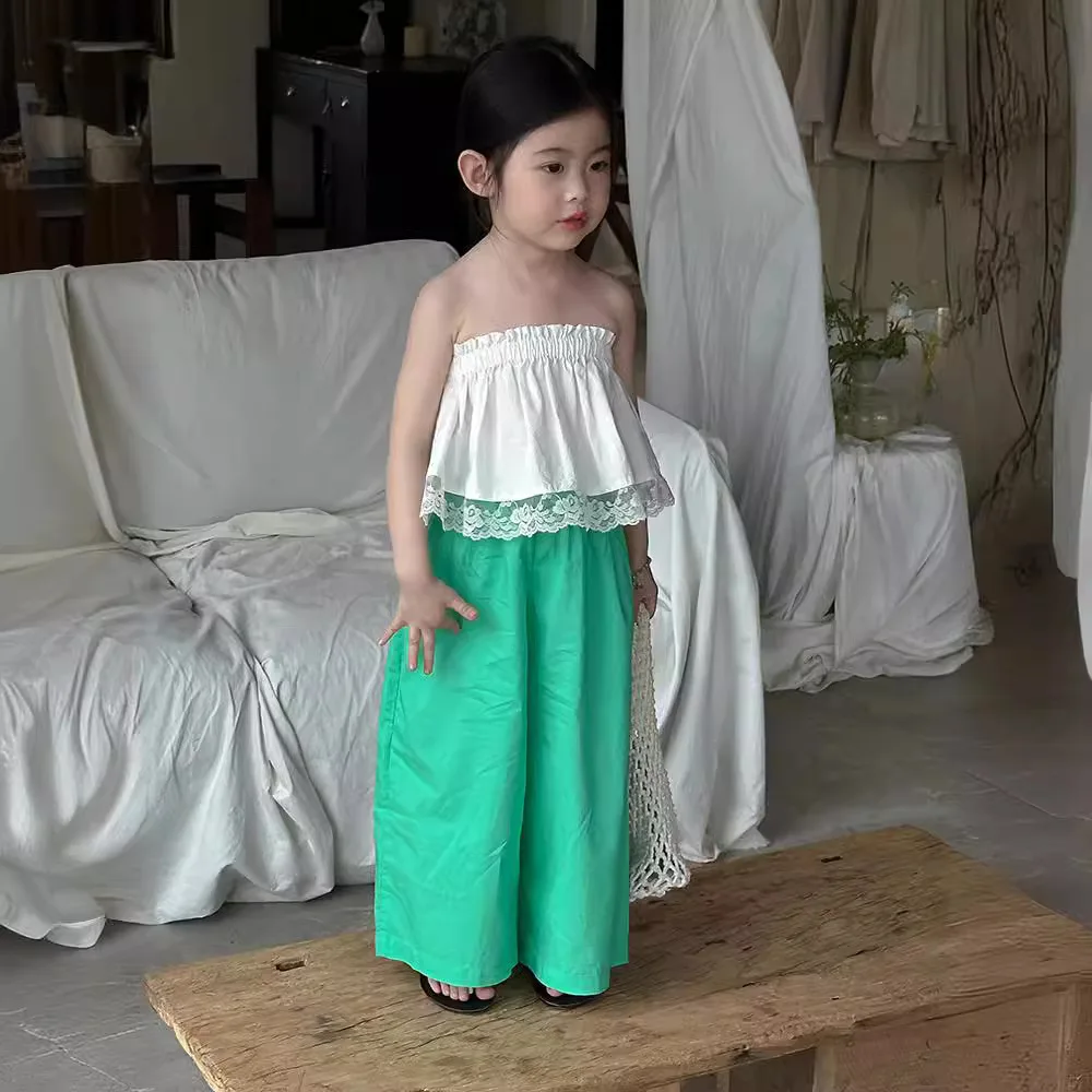 

2024 Summer New Girl Lace Bra Set Korean Edition Kids Two Piece Set Holiday Style Boutique Clothing Minimalist Style