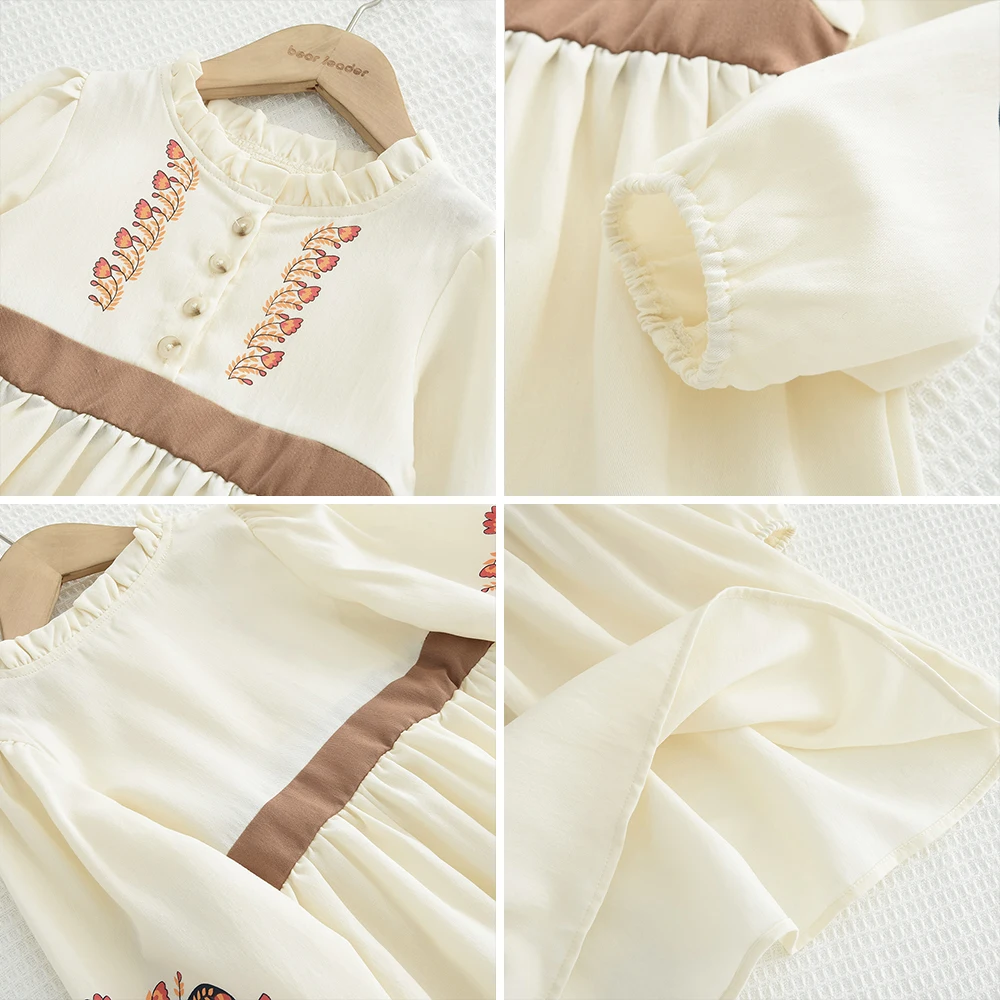 Bear Leader Modische Patchwork-Kleider für Mädchen im Fake-Two-Look, Herbst 2026, Khaki, Kinderkleider für Mädchen, Kariertes Langarmkleid + Hut – Detail 36