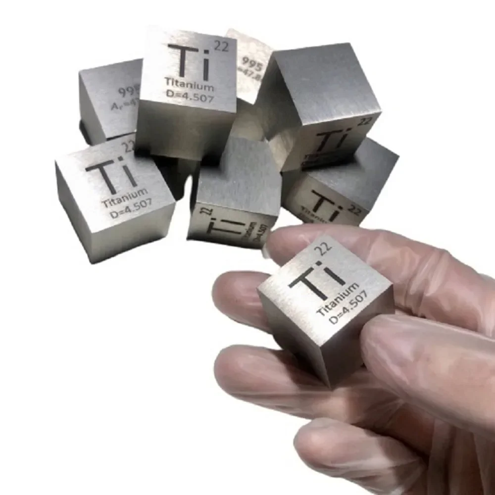 

Titanium metal in the periodic table- Cube one inches and weight is about 73.76g --99.5%