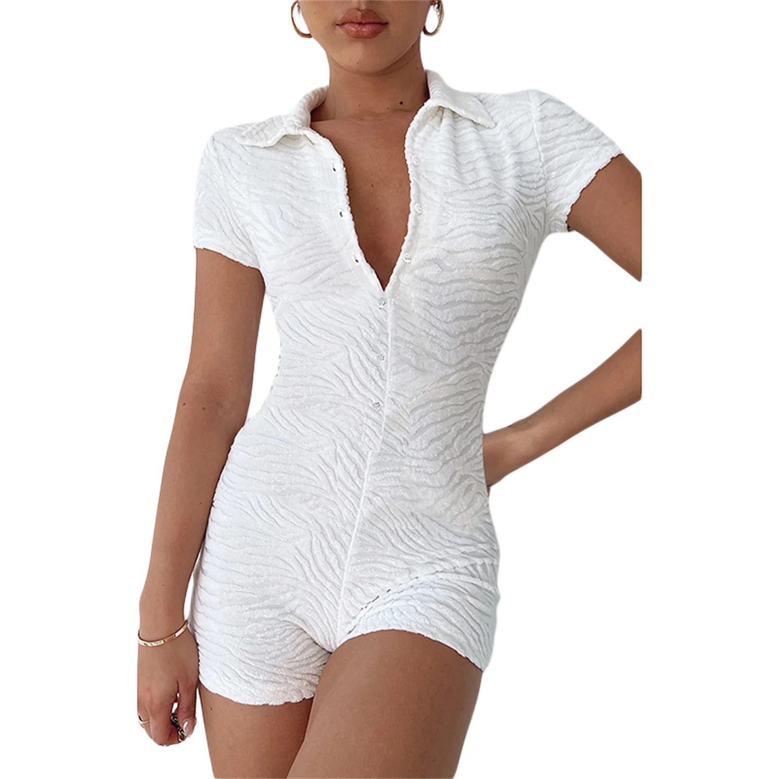 

Women Fashion Wild Playsuits Solid Color Texture Turn-Down Collar Short Sleeve Short Jumpsuits Summer Skinny Romper Clothes