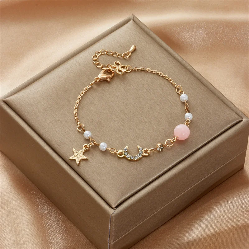 Korean Simple Star Moon Zircon Pearl Bracelet For Women Ladies Cute Elegant Exquisite Shiny Link Chain Bracelet Charm Jewelry bracelet jewelry