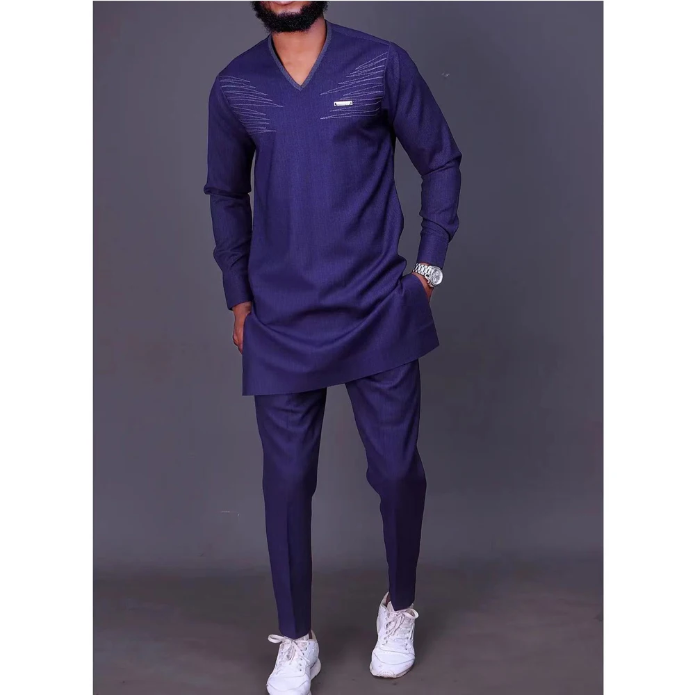 Men'S Sets Two-Piece Dashiki African Clothing Suits For Men Shirt And Pants V Neck Long Sleeved Tops And Trousers 2022 Summer