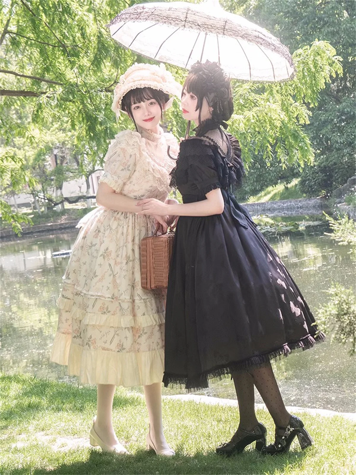 French Vintage Idyllic Style Cosplay Gentle Girls Lolita Op Elegant Printing Flower Butterfly Lace Mesh Ruffle Tunic Dress