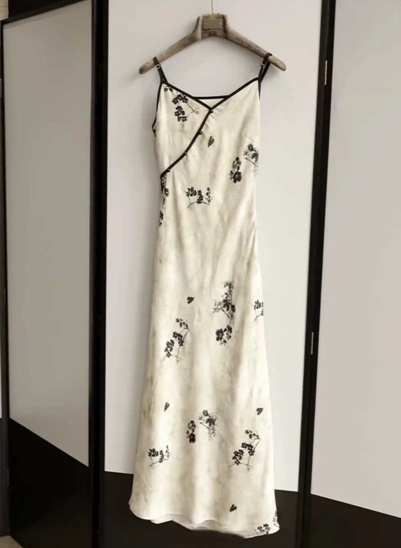 

Miiiix 2024 корейская мода жаккардовое шифоновое платье на бретельках с V-образным вырезом для женщин новые китайские длинные платья с поясом Женская одежда