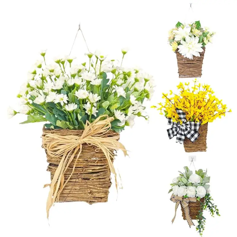 

Spring Flower Door Basket Artificial Door Decoration Daisy Wreaths Summer Faux Flower Basket For Indoor Outdoor Wedding Decor