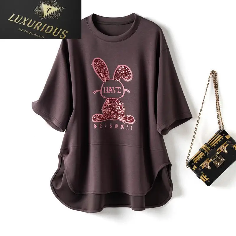 

Summer Female Oversized T-shirt 2023 New Cartoon Printing Side Slit Loose Short Sleeve Air Cotton Embroidery Sequin Tops Women