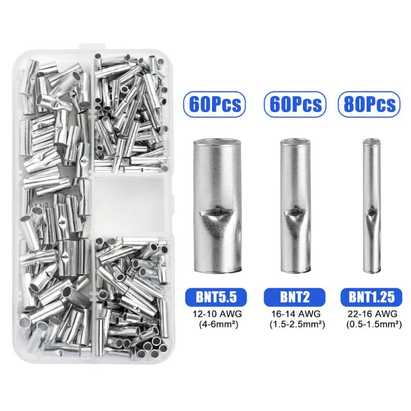 Butt Wire Connector Uninsulated AWG22-10 Splice Crimp Terminal Sleeve Bare Terminals Crimping Connectors 200pcs wire connectors terminal connector electrical connectors plug