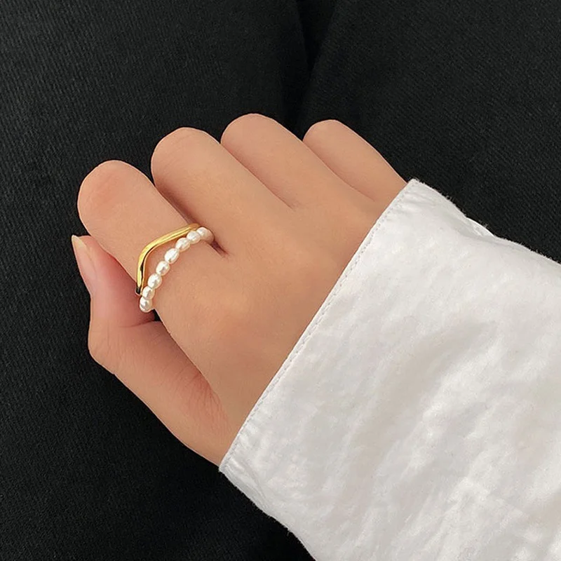 Minar INS Fashion Natural Freshwater Pearl Charm Rings Women Double Layered Gold Color Metal Irregular Geometrical Open Ring fashion rings gold rings fashion ring finger rings metal rings pearl finger ring