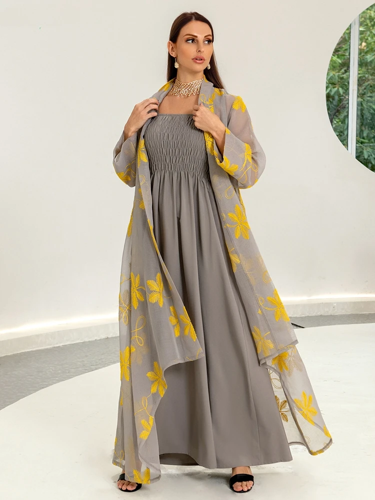 

Женское платье с вышивкой Abaya, элегантный сетчатый кардиган с поясом, кафтан и однотонное серое платье на бретельках, мусульманские комплекты, новинка 2022