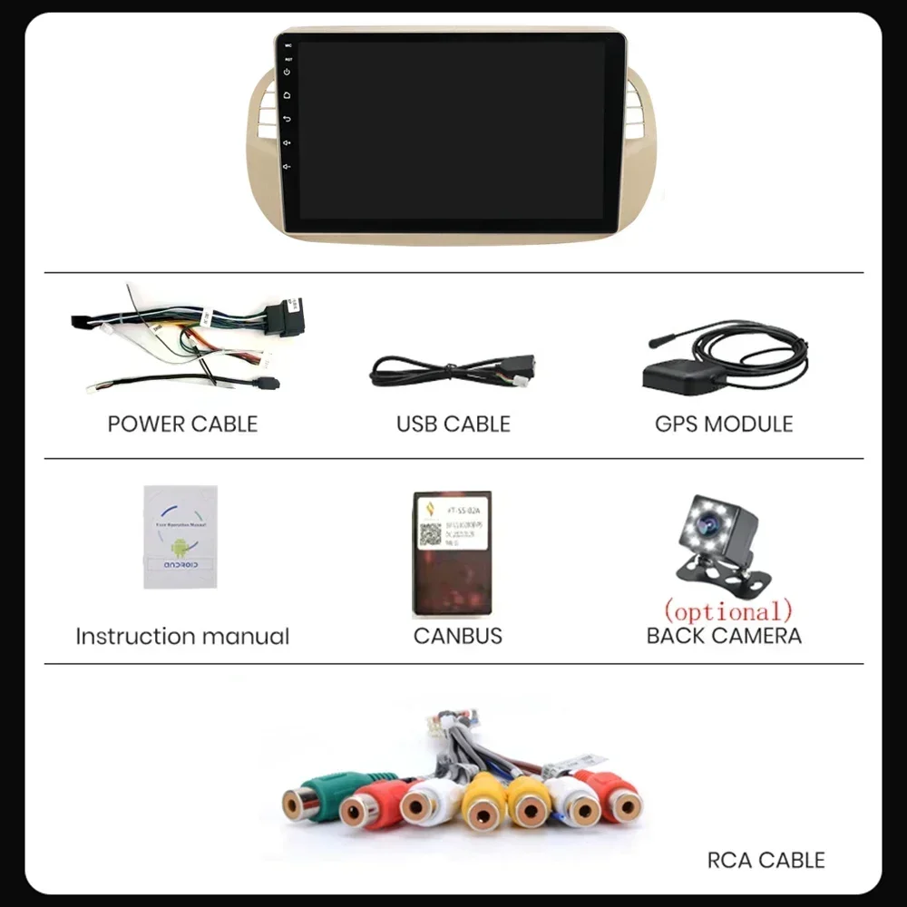 Car Radio Stereo GPS Navigation Steering Wheel Control Multimedia Carplay& Auto BT WIFI Head Unit for Fiat 500 with Android 13