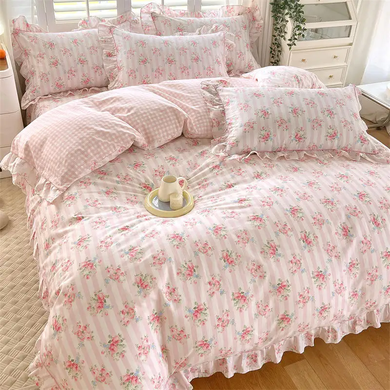 Bonenjoy Pink Color Duvet Cover with Ruffles 100%Cotton Flower Printed housse de couette for Girls Pure Cotton Bed Cover King 1
