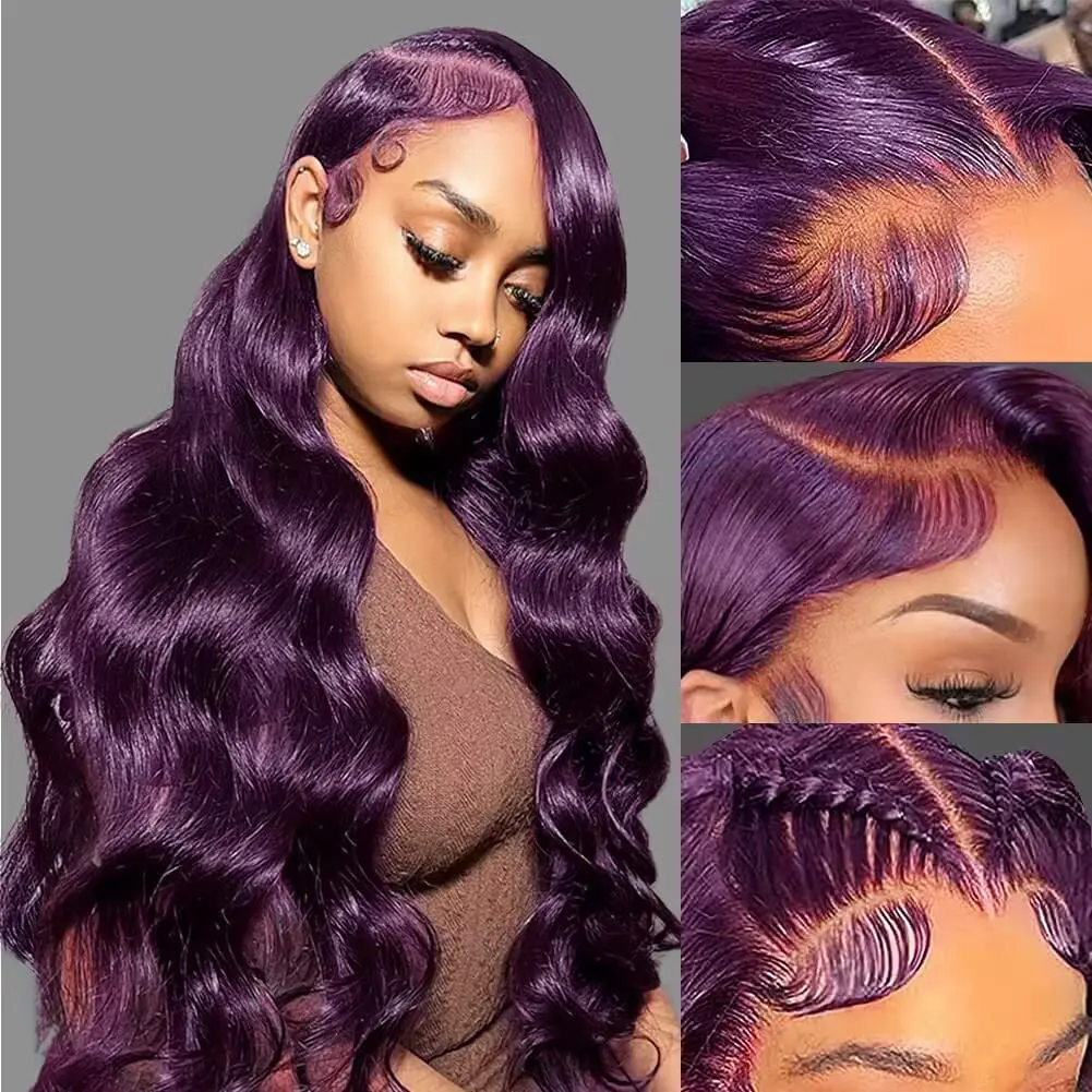 200% Density 13X6 Dark Purple Colored Body Wave Lace Front Wigs Pre Plucked Glueless 13x4 Long Wavy Lace Frontal Wigs For Women 2