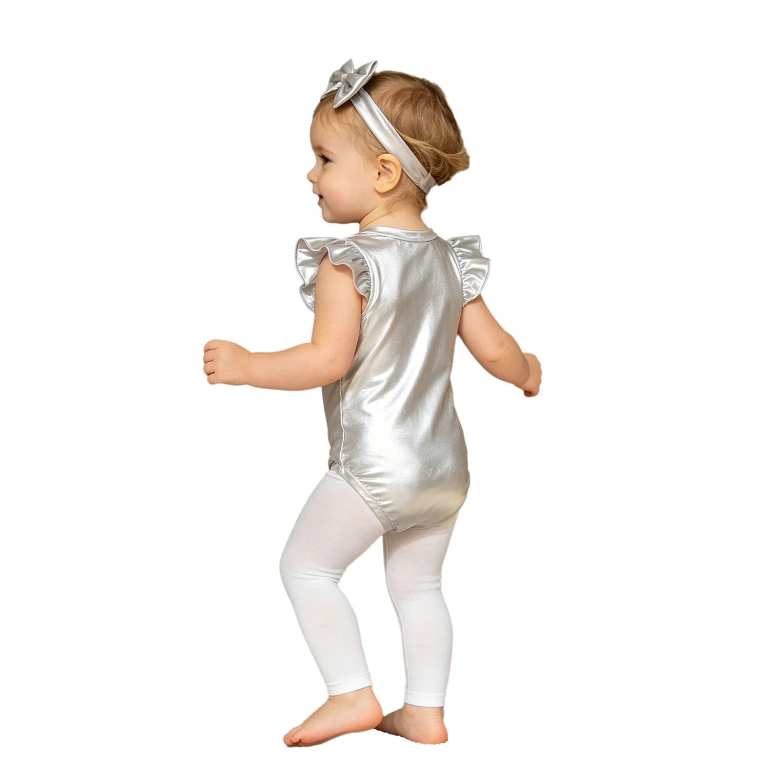 Abbigliamento per neonate, abiti per feste di compleanno, abiti per fotografia, maniche arricciate, tutina metallizzata lucida con fascia per capelli con fiocco, 0-24 mesi - immagine 2