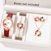 Red Women Watch 5PCS/Set Leather Strap Quartz Wristwatch Red Heart Laser Face Dial Watch Heart Alloy Jewelry Set Gift For Mom 1
