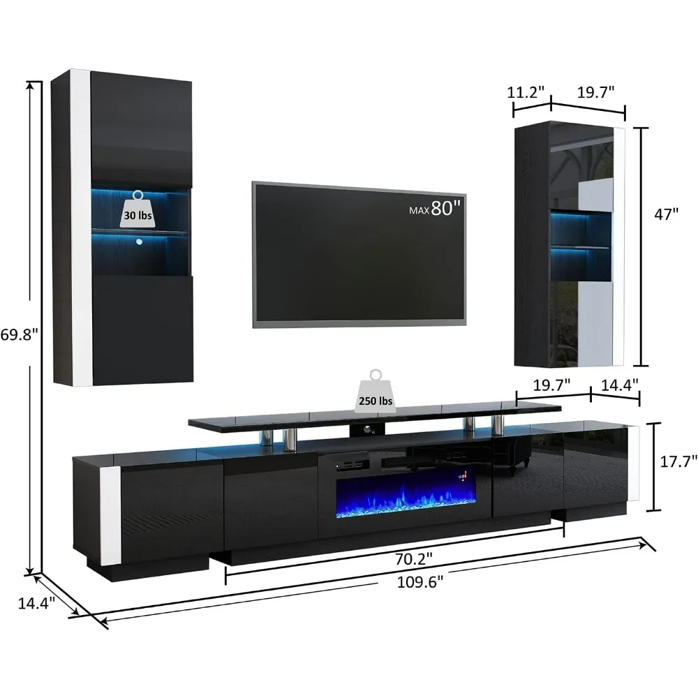 TV Stand with Fireplace and Bookshelves, 2-Tier Fireplace TV Stand, 2 X Wall Cabinets & 2 X End Tables, LED Lights TV Console