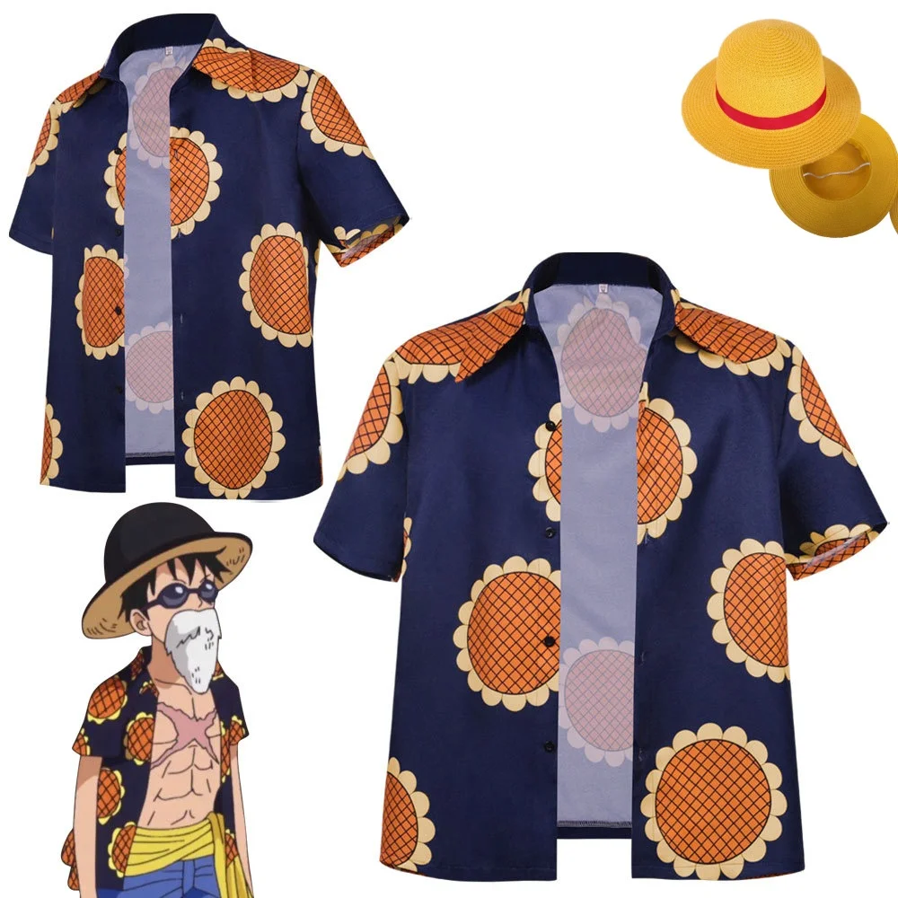 

Luffy Anime Monkey D Luffy Sunflower Shirt Cosplay Costume Hat Adult Men Summer Cardigan Short Sleeve Halloween Comic Con Outfit