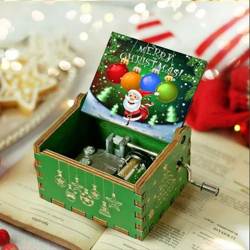 2025 Hot Wooden Hand Crank Music Box Christmas Theme Halloween Decoration Home Birthday Christmas Gift for Girlfriend 5