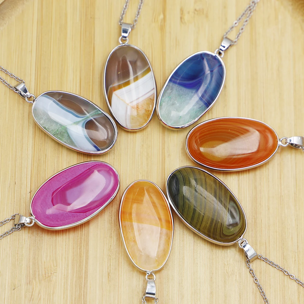 

New Natural Mixed Color Agates Necklace Onyx Oval Pendants Stone Reiki Charms Jewelry Making Earrings Accessories Wholesale 6Pcs
