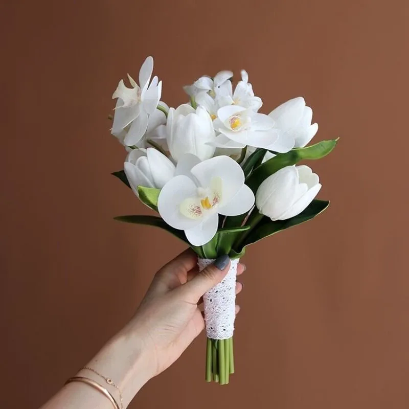 Lily of the Valley holding bouquet of lotus tulips French elegant bride wedding photography props home decoration