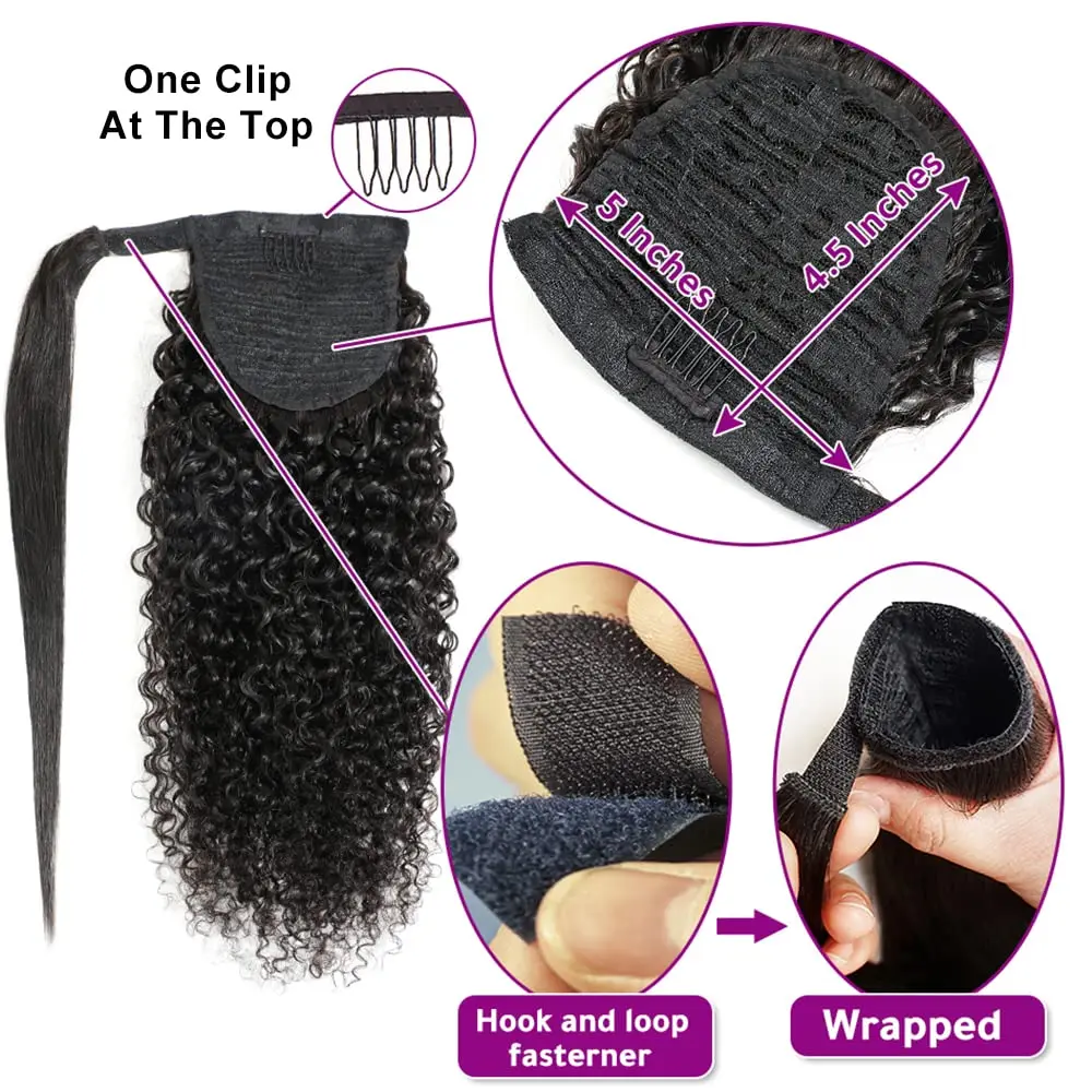 Curly Human Hair Strap Ponytail Extensions 100% Unprocessed Brazilian Hair Wrap Around Ponytails Magic Paste with Comb Clip in