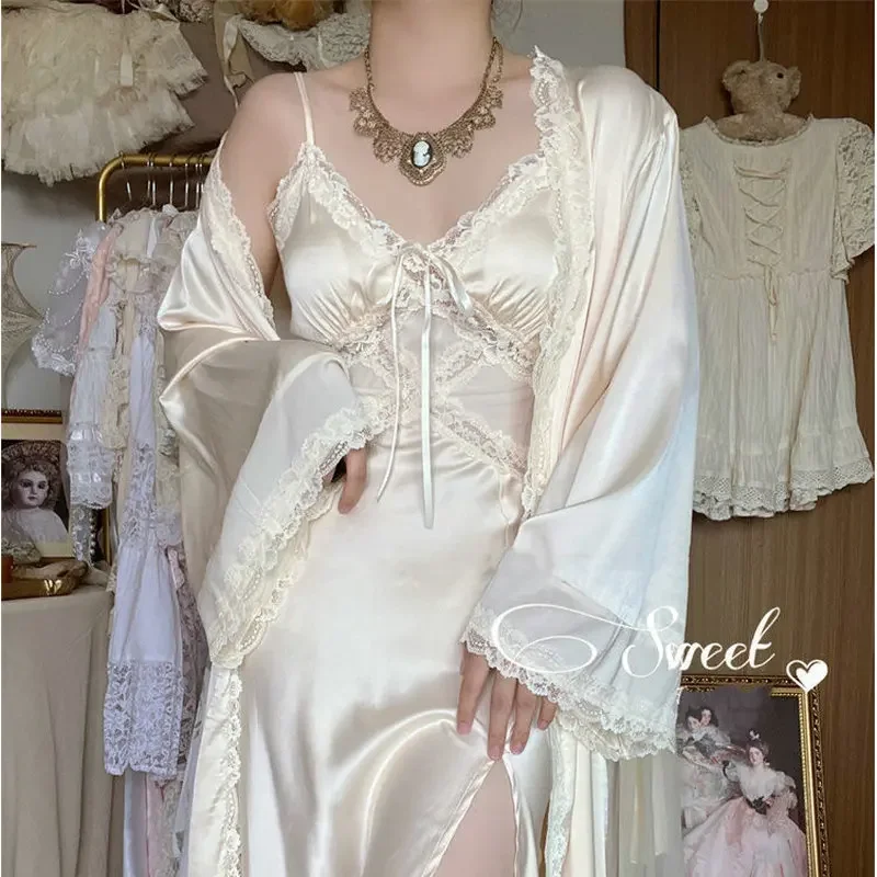 

Soft Silk Sexy Strap Dress Women Casual Korean Elegant Long Split Dress Patchwork Lace Dress Women Retro Suspender Nightgown