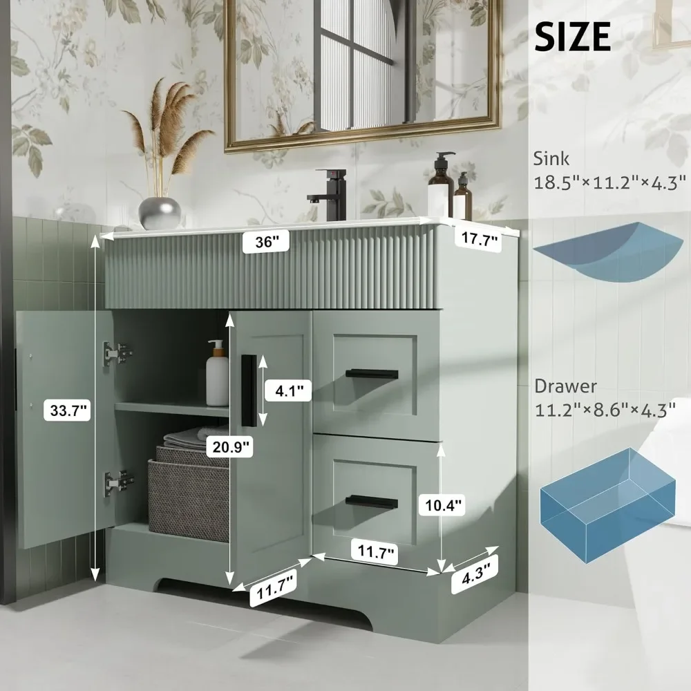 36" Bathroom Vanities Sink Combo Set, Modern Cabinet w/Wave Lines, Undermount Ceramic Sink w/Matte Black Faucet Drain 2