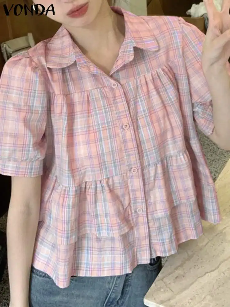 

2023 VONDA Women Plaid Shirts Summer Short Sleeve Blouse Fashion Lapel Buttons Checked Tunic Tops Casual Loose Blusas Femininas