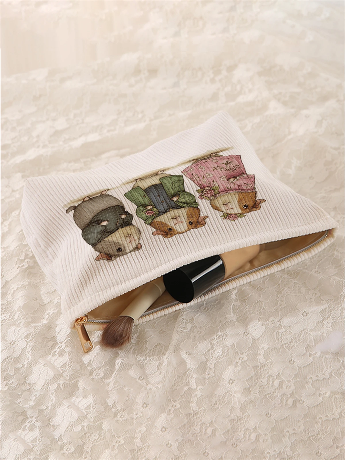 1 cute hamster patterned corduroy makeup bag, lightweight zipper makeup storage box, multifunctional bag with lining