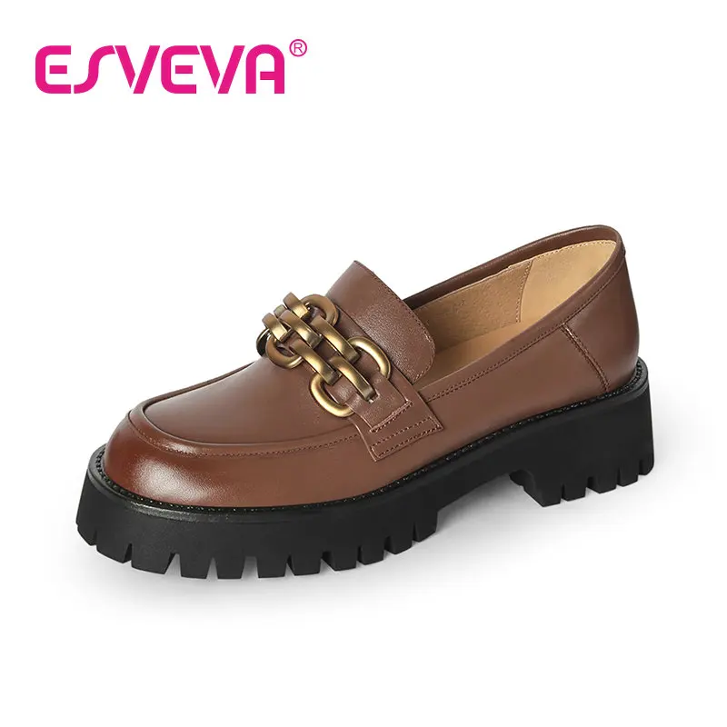 

ESVEVA 2023 Metal Decoration Cow Leather New Shoes Med Heel Women Loafers Spring Slip On Office Round Toe Shoes Woman 34-39