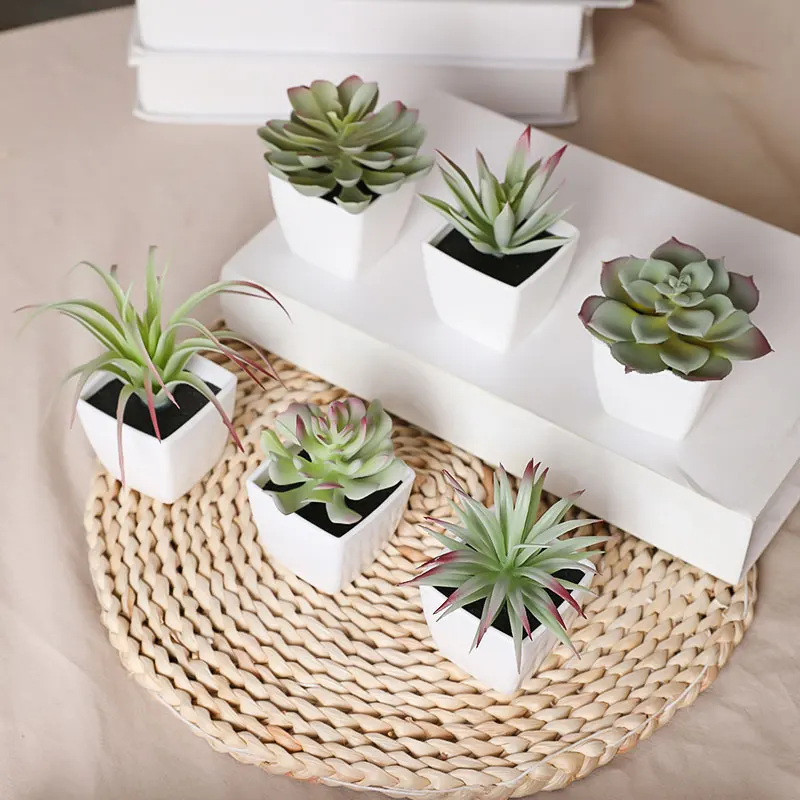 Set of 6 Mini Artificial Green Succulent Plants in White Pots for Home and Office Decor