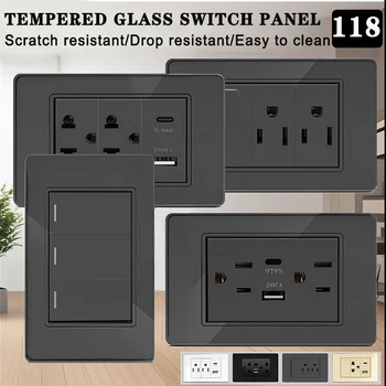 118*75 มม.กระจกนิรภัยซ็อกเก็ต US Wall SOCKET สีเทาไทย USB ปลั๊ก Dual USB Type-C พอร์ต, สวิทช์ไฟ 110V 1