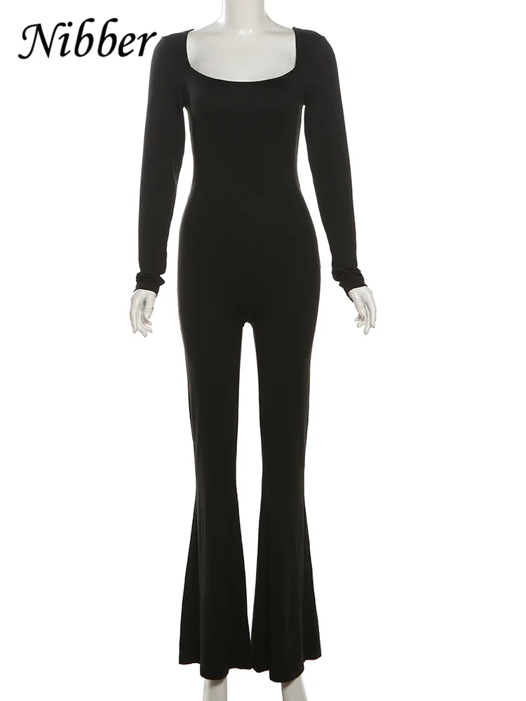 Nibber Backless Jumpsuit Women Lace-Up Autumn New Trend Full Sleeve Bandage Skinny Stretch Casual Solid Street Flare Overalls