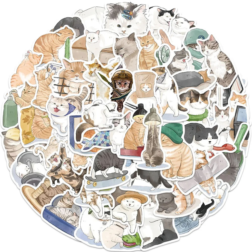 

10/30/53PCS Cartoon Watercolor Painting Cat Sticker Aesthetic Waterproof Stickers Decoration Laptop Sketchbook Scrapbook Album