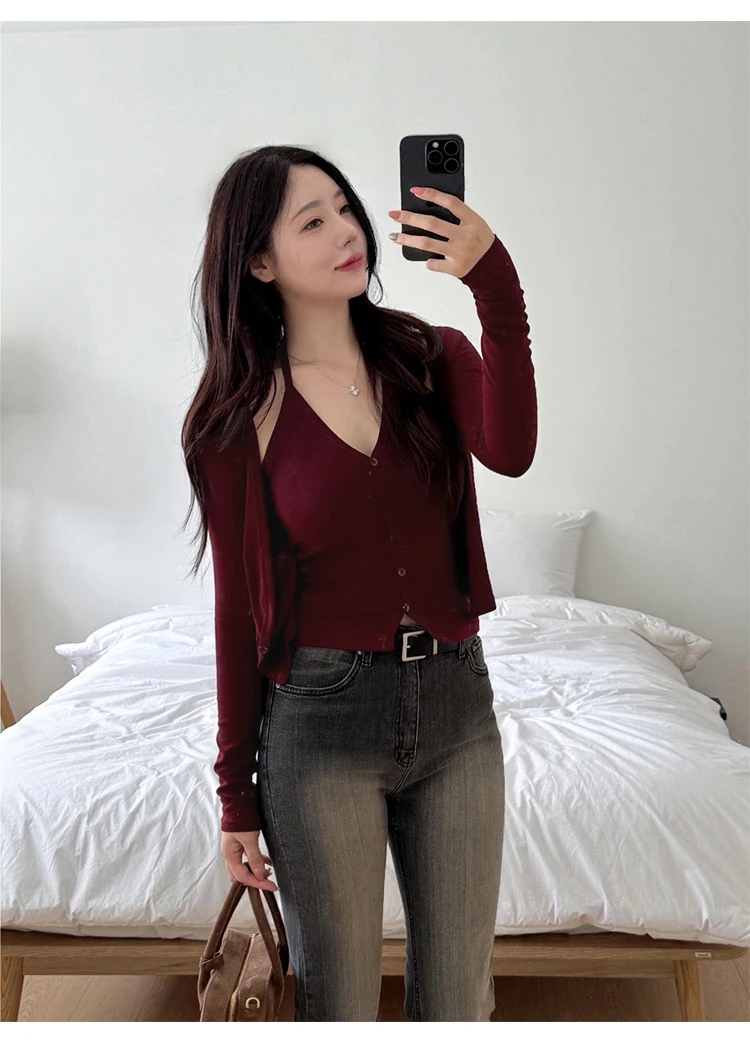 Sexy Hottie Slim Fit Vielseitige Elegante frauen Top Koreanische Dongdaemun Neckholder Langarm T-Shirt Frühling Neue Solide Stricken tees – Detail 8