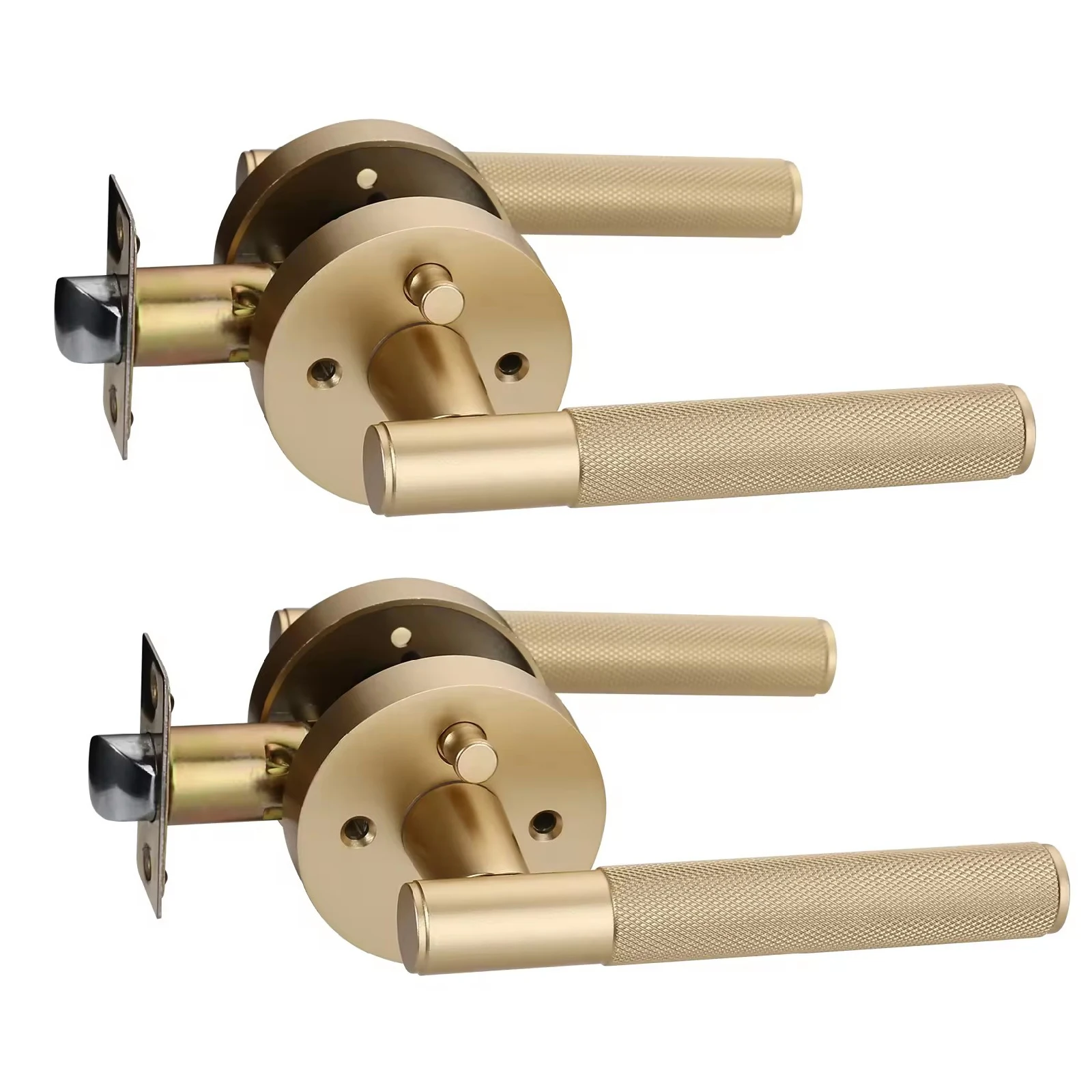 Viladepot Privacy Door Handle Knurled Handle Lever Painted Matt Gold Bedroom Bathroom Passage Door Lock Reversible Keyless 2PCS