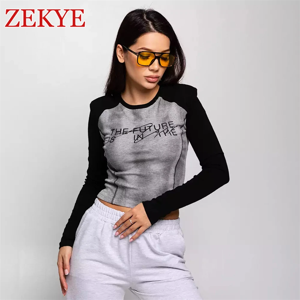 

Zekye Distressed Patchwork Aesthetic Tee Shirt Casual Printed Long Sleeve Top Retro Sexy Swing Grunge Streetwear Tshirt Women