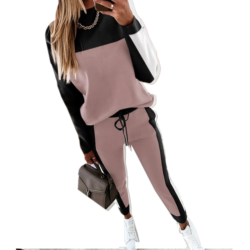 3XL Womens Tracksuit Casual Sweatshirts Autumn Patchwork Pants 2 Pieces Set Long Sleeve Pullover Drawstring Pant Sportswear Pink ujwi men tracksuit 3d print pink sunset dusk unisex hoodie streetwearnatural scenery casual pants hombre sportswear