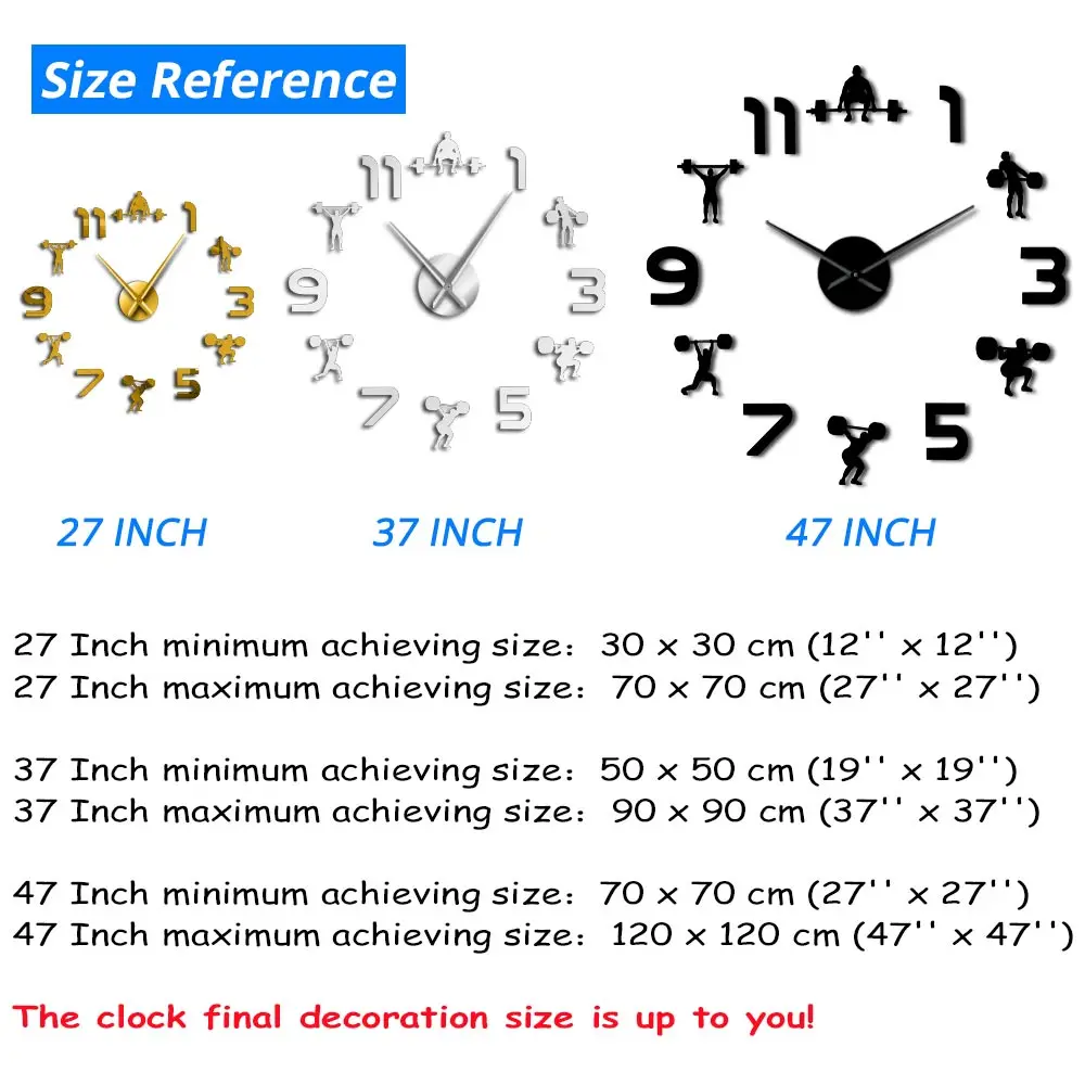 Weightlifting Fitness Room Wall Decor DIY Giant Mute Wall Clock Mirror Effect Powerlifting Frameless Large GYM Wall Clock Watch