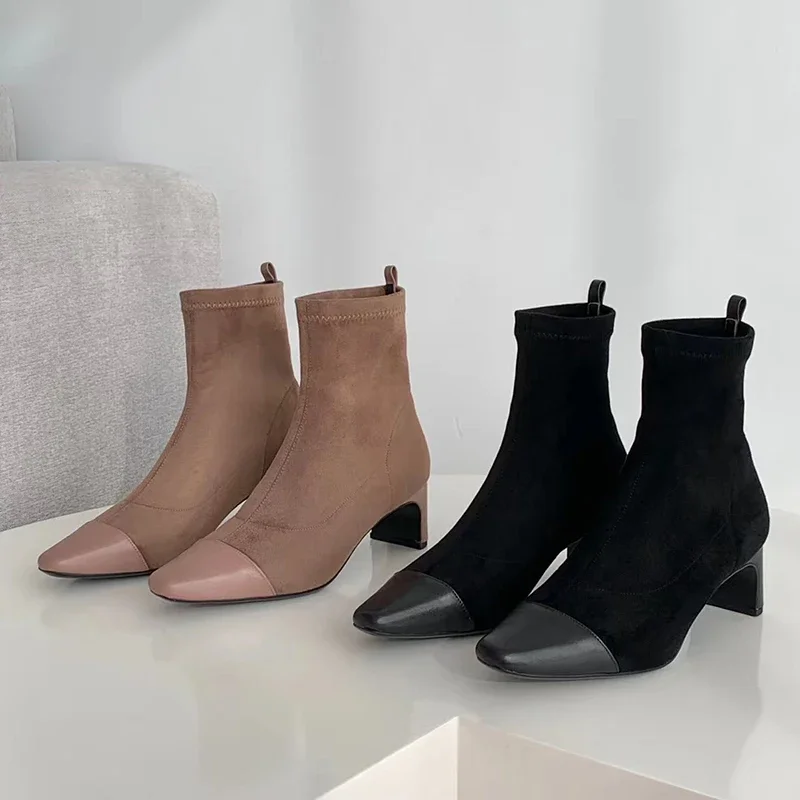 

Maryengelbreit Winter INS Luxury Women Low Heels Stretch Fabric Suede Sock Boots Brand Female Kitten Heels Flock Ankle Boots