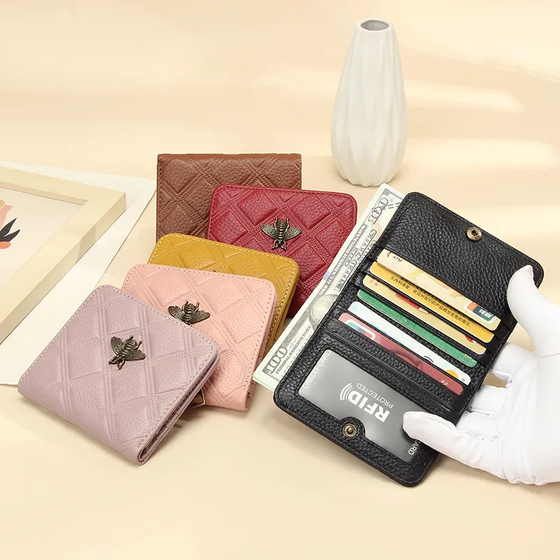 

Genuine Leather RFID Short Wallets Fashion Brand Card Holder Small Storage Coin Purse Bag Clutch Bee Applique Pouch for Women