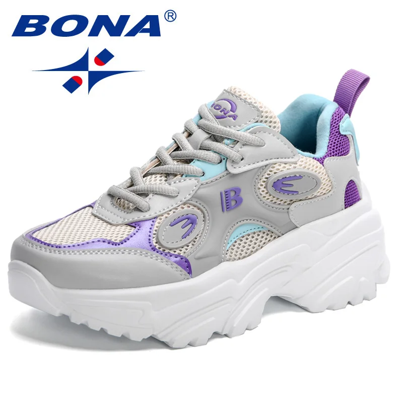 BONA 새 디자이너 여성 레이스 업 플랫폼 스니커즈 숙녀 레저 Feminino 캐주얼 신발 통기성 운동화