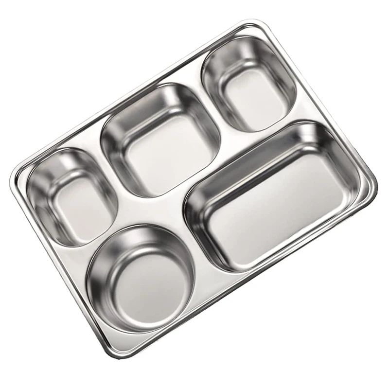 Stainless Steel Partitioned Dinner Plate Tray With 5 Compartments Divided Lunch Box And Dinner Plate stainless steel plates