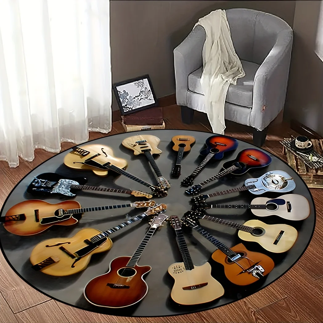Guitar Pattern Round Area Carpets Teens Dorm Bedroom Bedside Foot Mat Living Room Dining Room Non-slip Chair Mat Home Decor Rugs 2