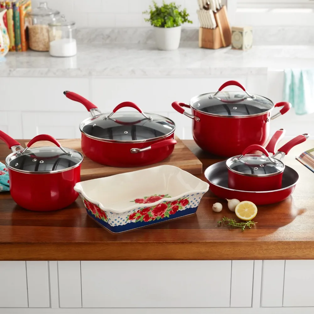 The Pioneer Woman Frontier Speckle 12-Piece Aluminum Cookware Set, Coral