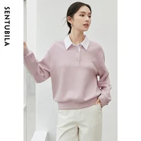 SENTUBILA Patchwork Spliced Sweatshirt for Women 2024 Winter Cotton Casual 2 in 1 Pullover Embroidery POLO Neck Tops 143A56445 1