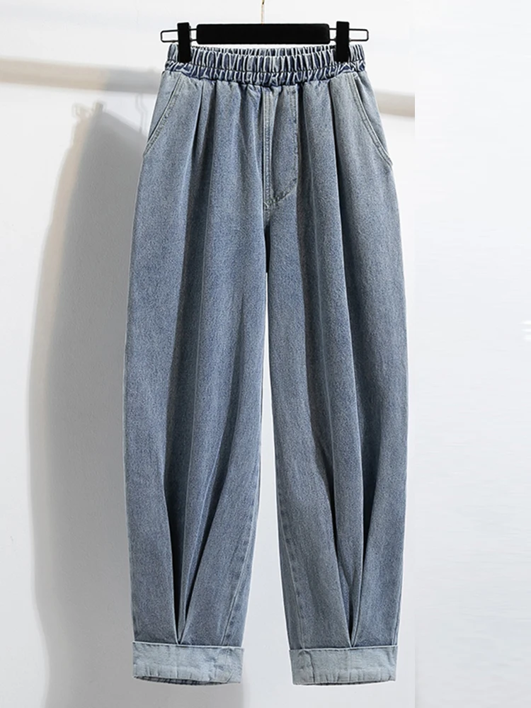 Plus Size Women’s Jeans 2025 – High Elastic Waist Harem Denim Pants, Korean Style Fashion Blue Jeans 1