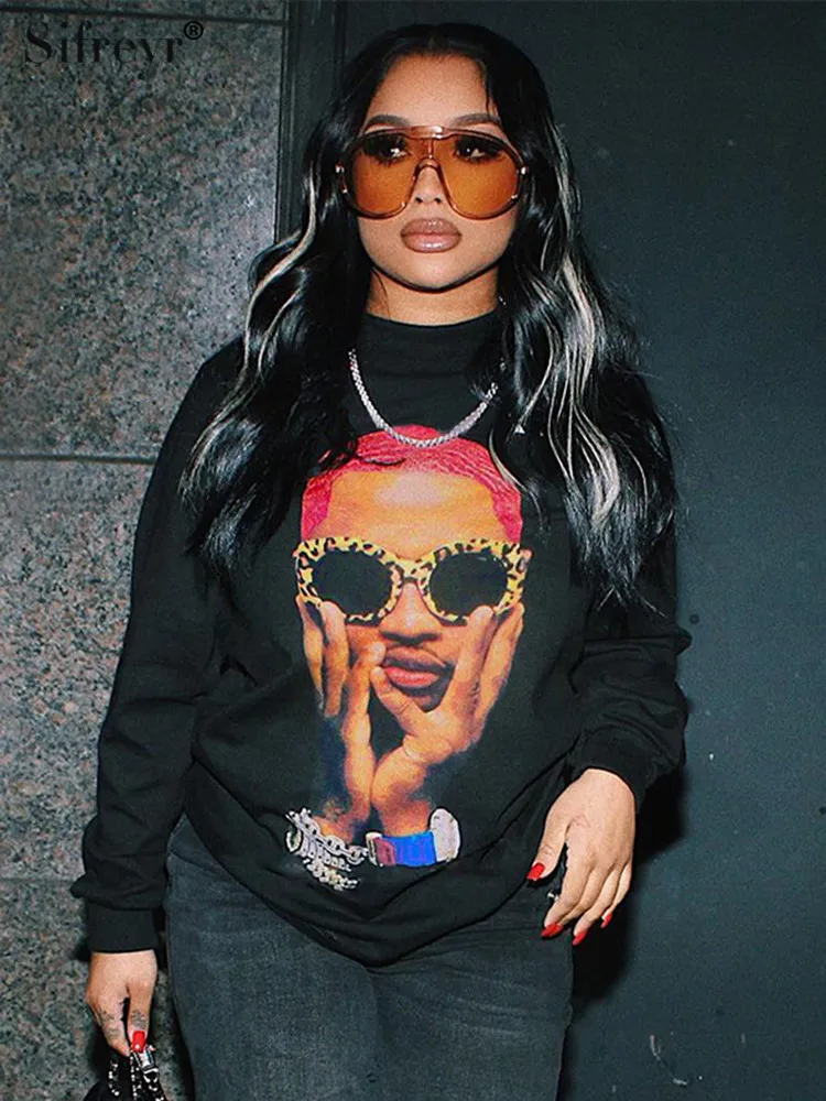 

Sifreyr Portrait Print Y2K Graphic Sweatshirt Women Fashion Long Sleeve Round Neck Loose Autumn Streetwear Casual Pullover Tops